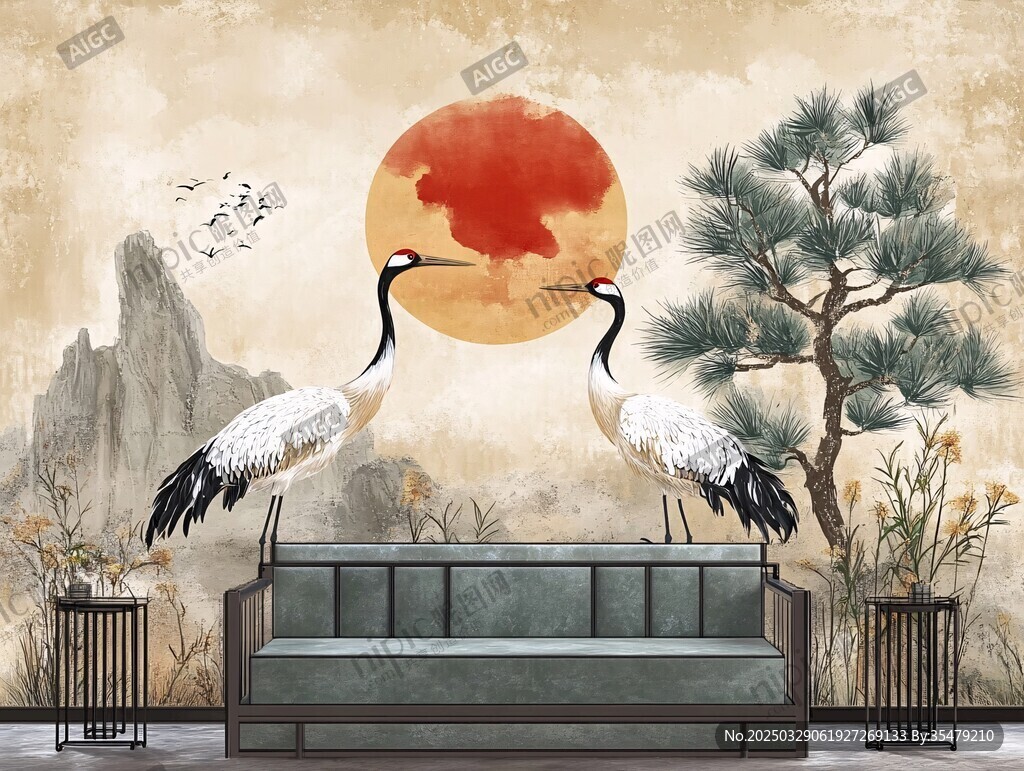 中式墙画前的雅致沙发场景