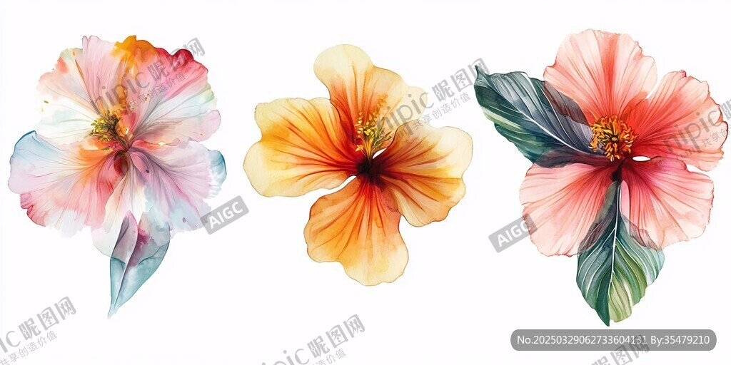 三朵水彩风绚丽花卉图案
