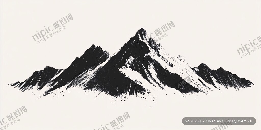 水墨风格山峰黑白插画