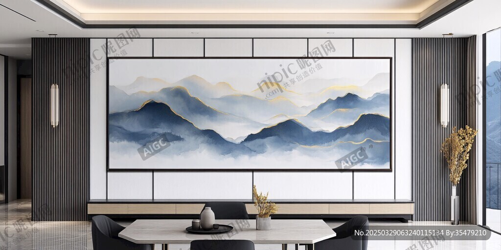 中式客厅水墨山水壁画装饰