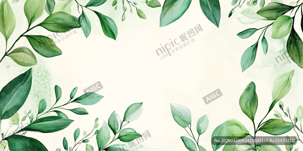 清新绿叶边框水彩画背景