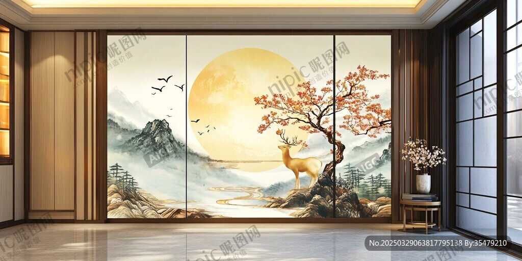 中式客厅山水麋鹿艺术壁画