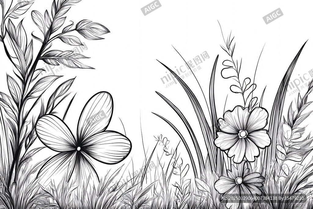 手绘花草黑白线条插画