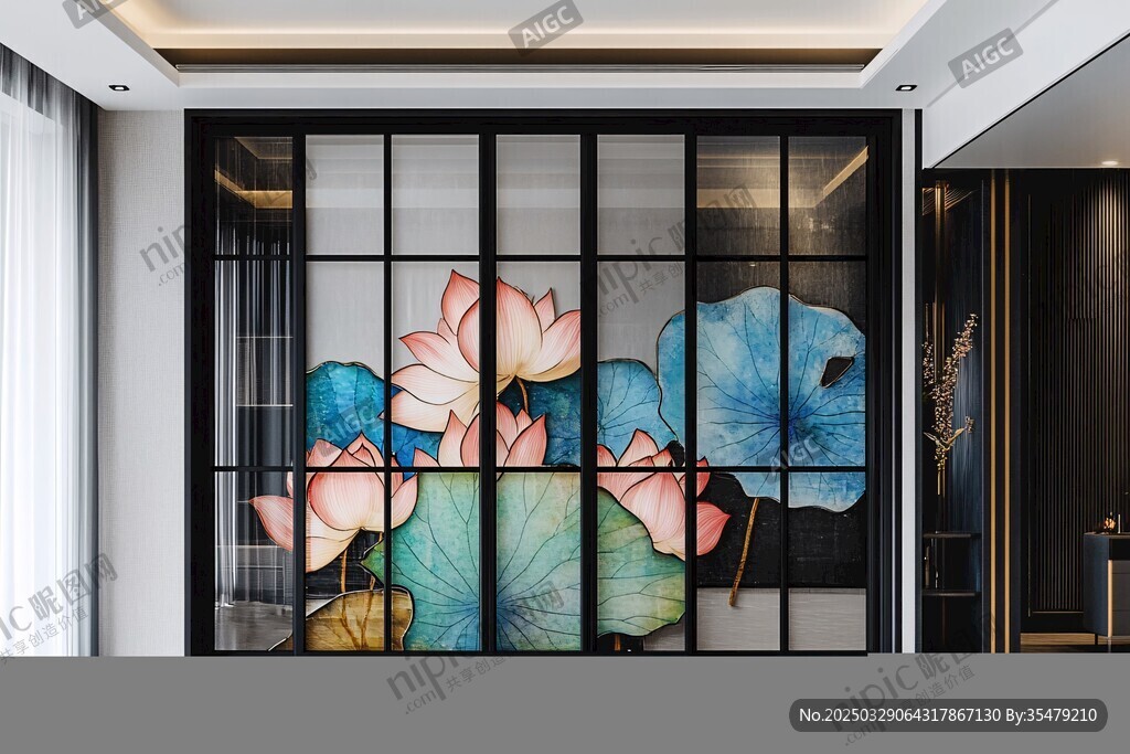 中式荷花玻璃隔断室内美景