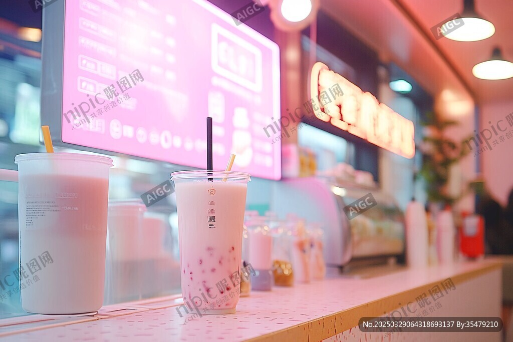 粉色系奶茶店的清新饮品