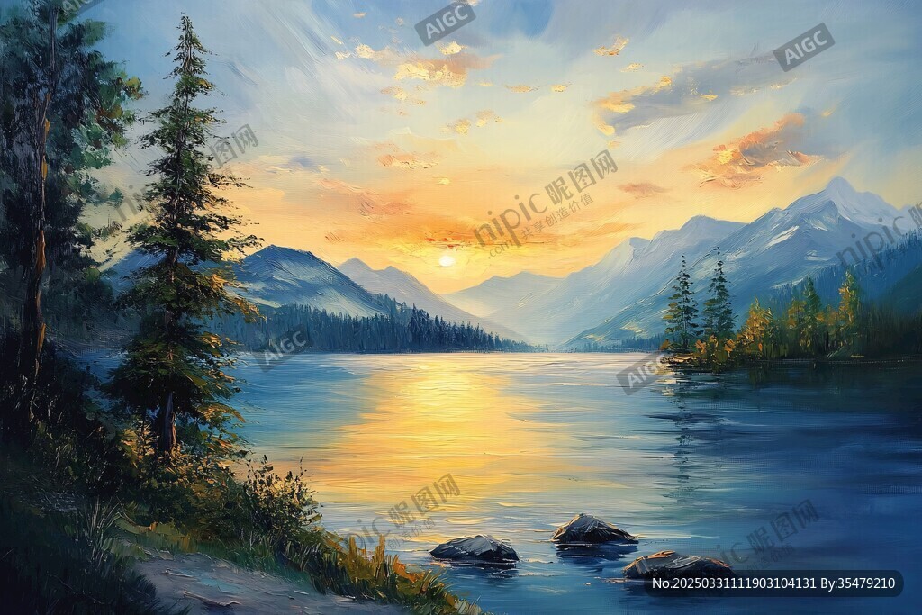 湖畔日出山林美景