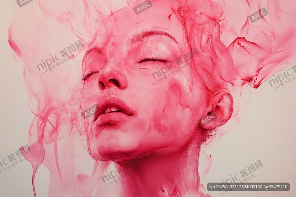 梦幻粉色烟雾中的女性面孔
