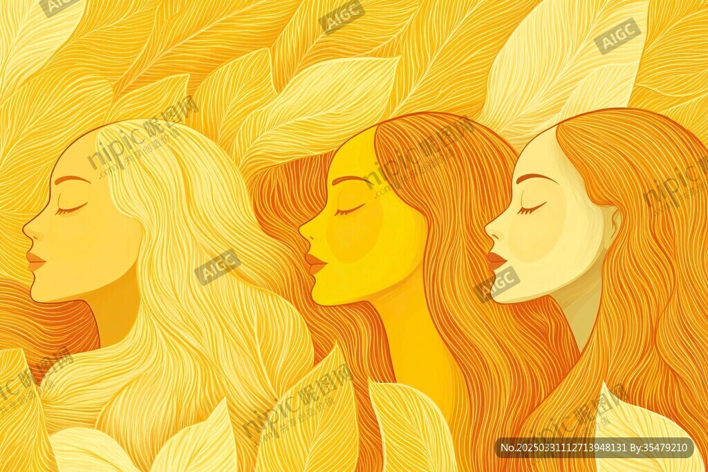 三位长发女子的梦幻插画