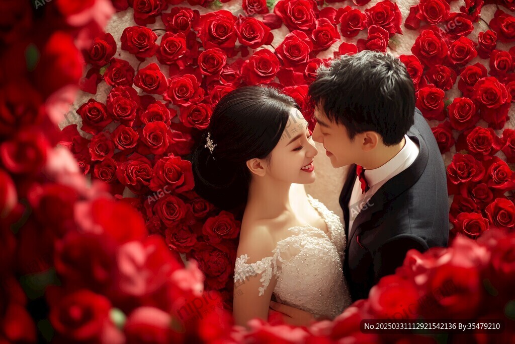 浪漫玫瑰中相拥的新婚夫妇