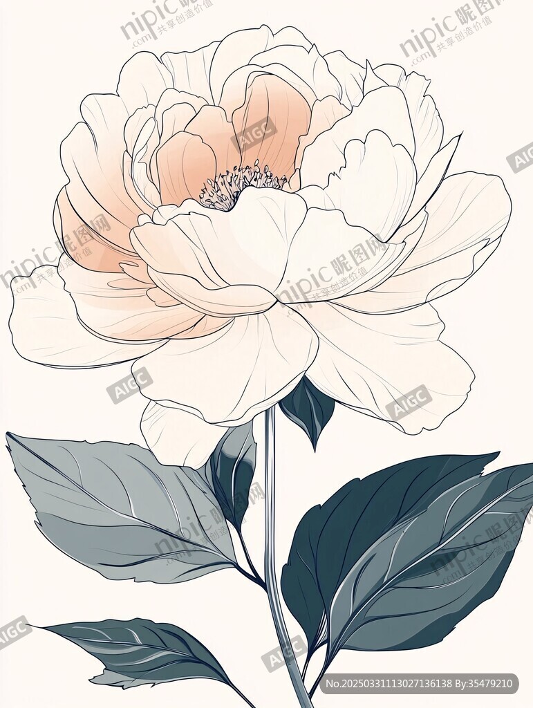 淡粉白牡丹花卉插画