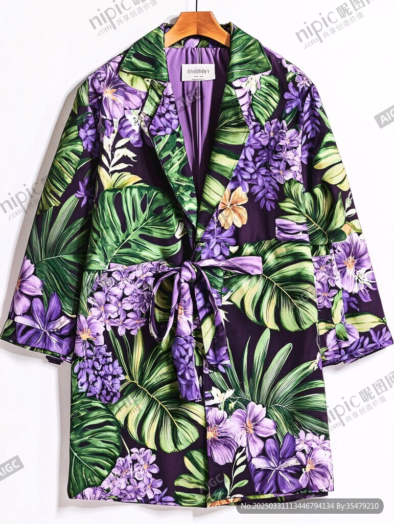 紫花绿叶印花和服式外套