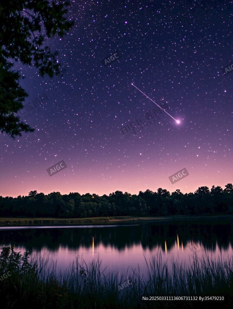 湖畔星空下的流星美景