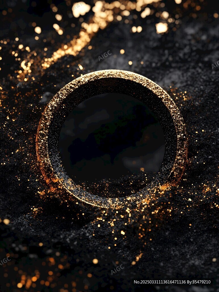 金色戒指闪耀于黑色背景