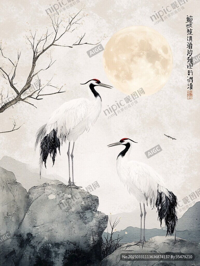 月夜双鹤立石图