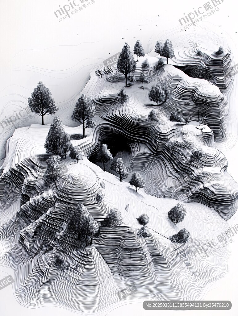 黑白立体山丘景观图