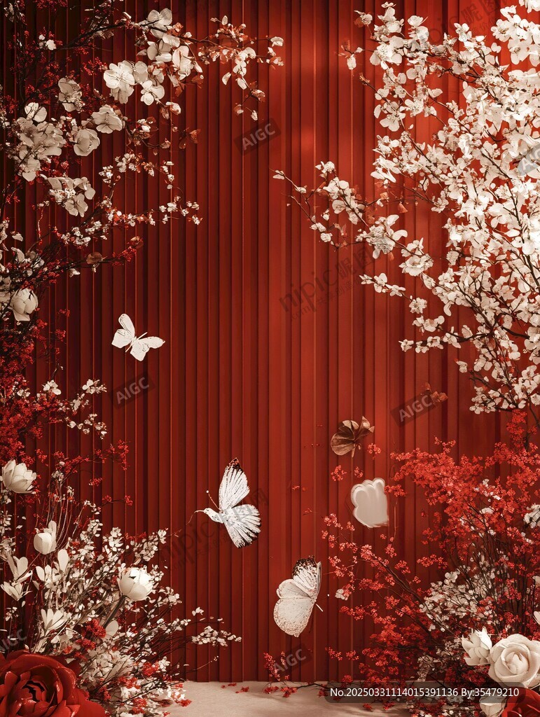 红墙白花蝴蝶浪漫场景