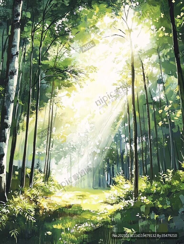 阳光洒落的静谧森林