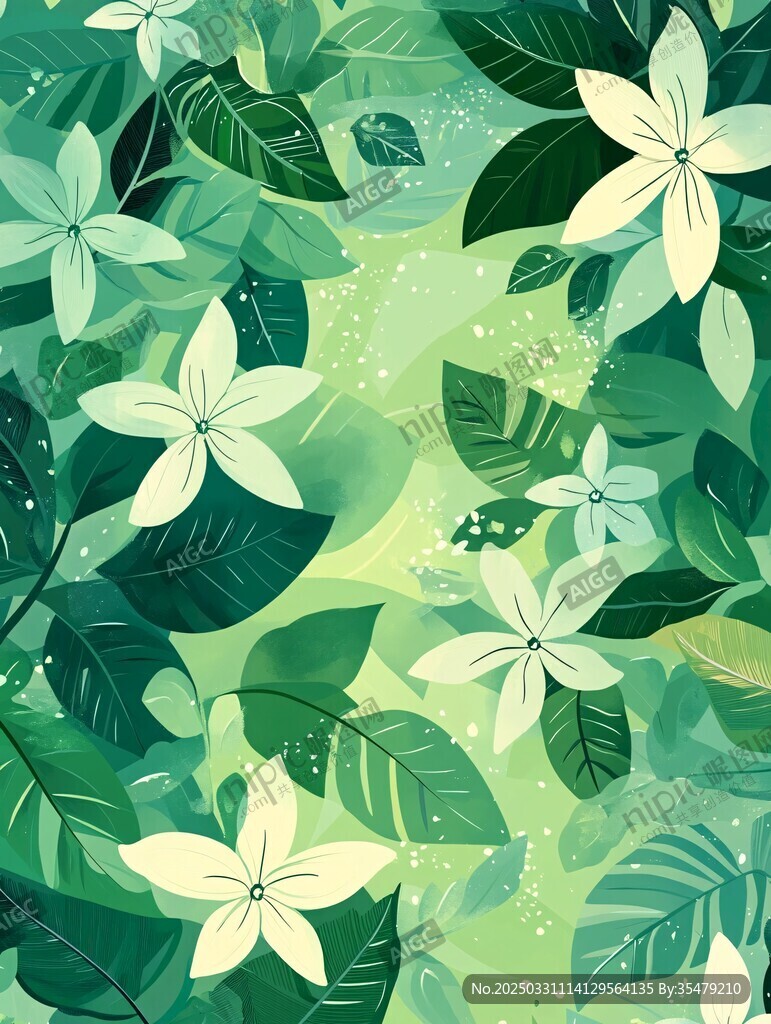 清新绿叶白花植物图案