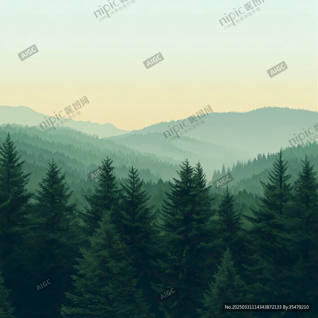 山林晨景 翠林与朦胧远山