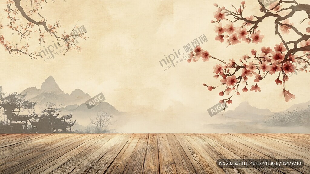 中式古风木板景配梅花山水