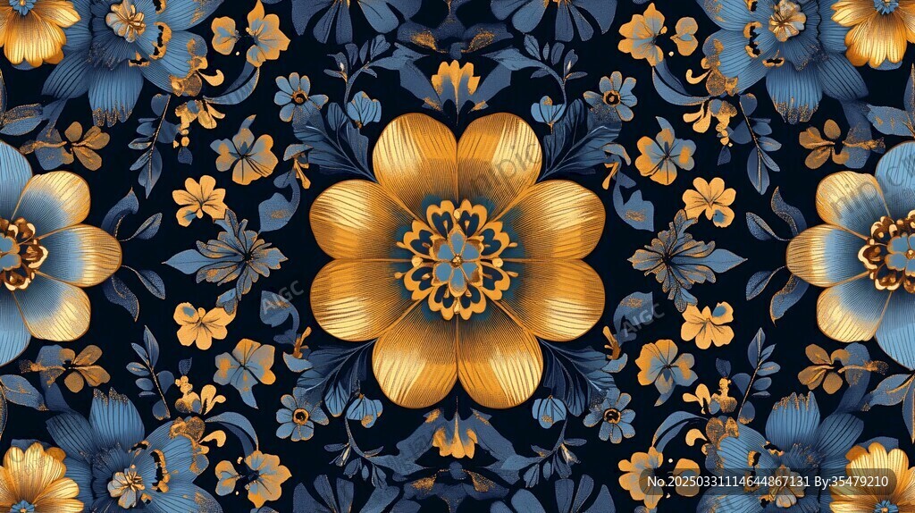 深蓝底金色蓝色花卉图案