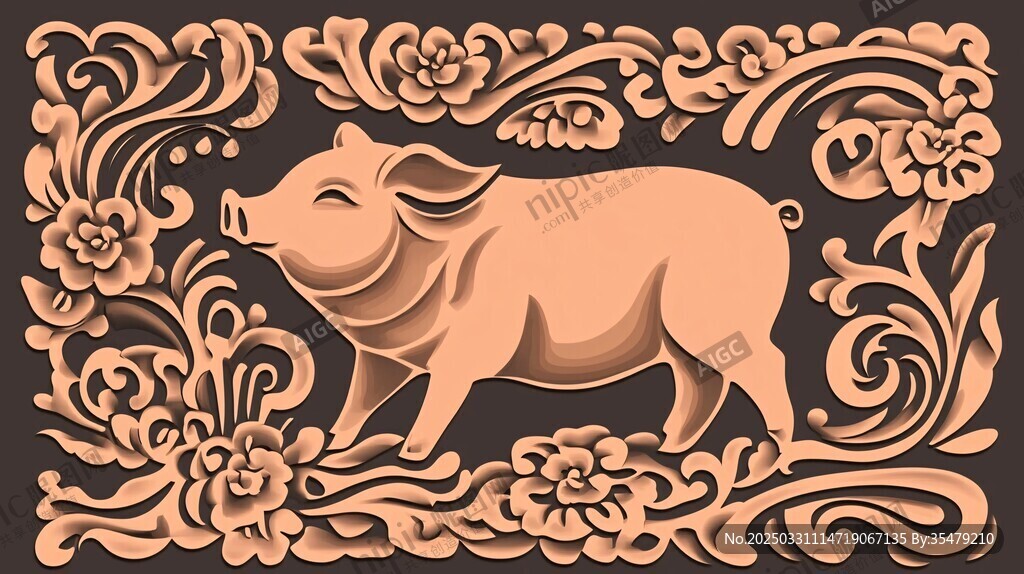 中式雕花中的可爱小猪