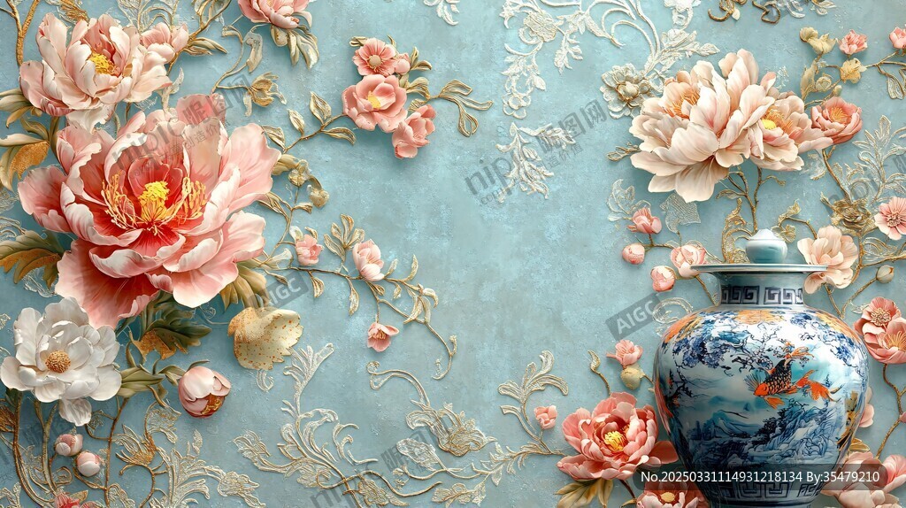 蓝底繁花旁的精美青花瓷瓶