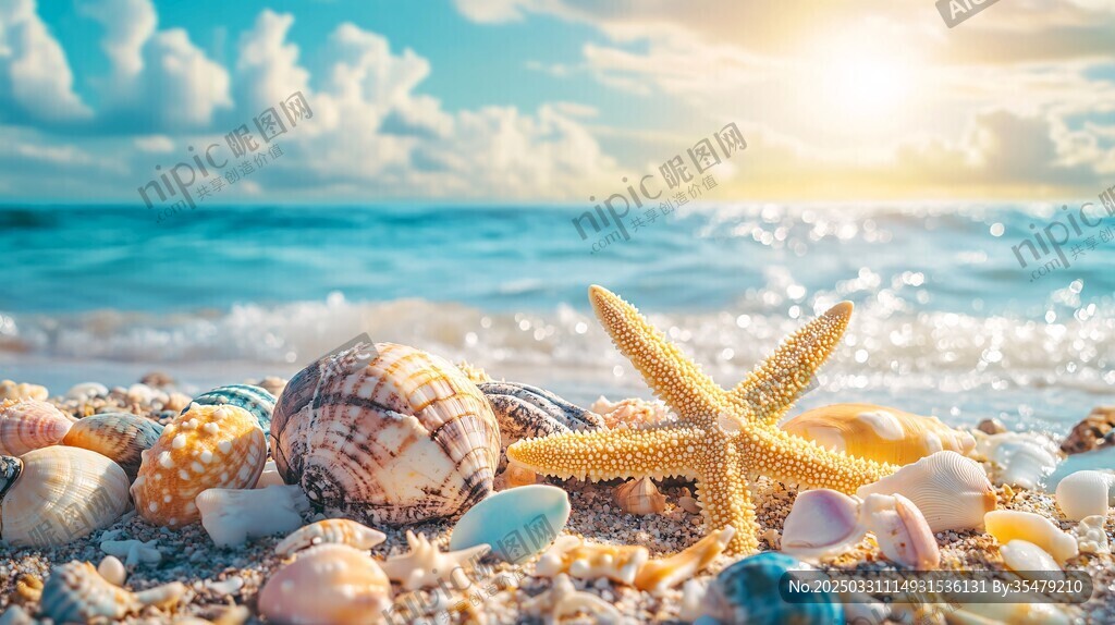 海滩上的海星与多彩贝壳