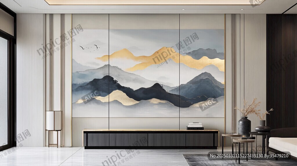 现代客厅中式山水壁画装饰