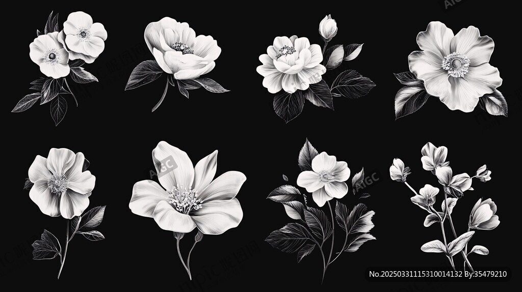 黑白花卉插画集合
