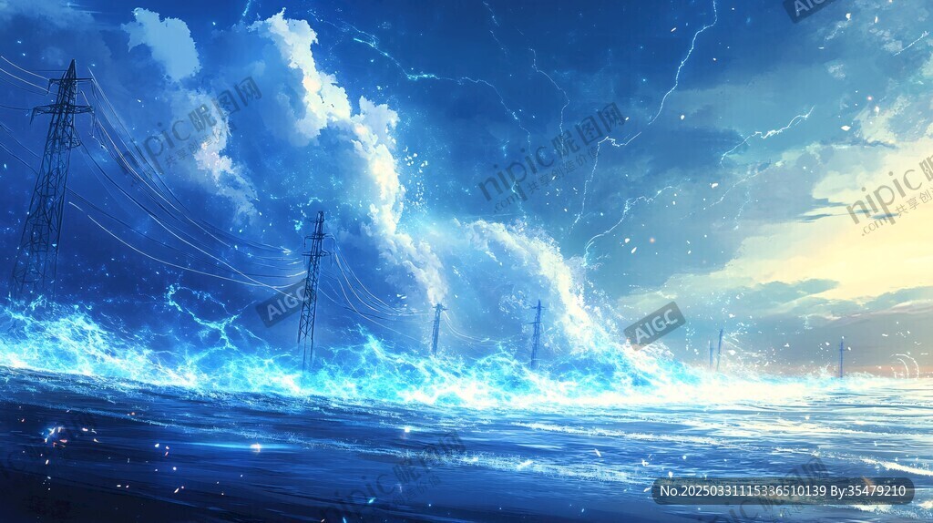 海浪翻涌下的电力设施景观