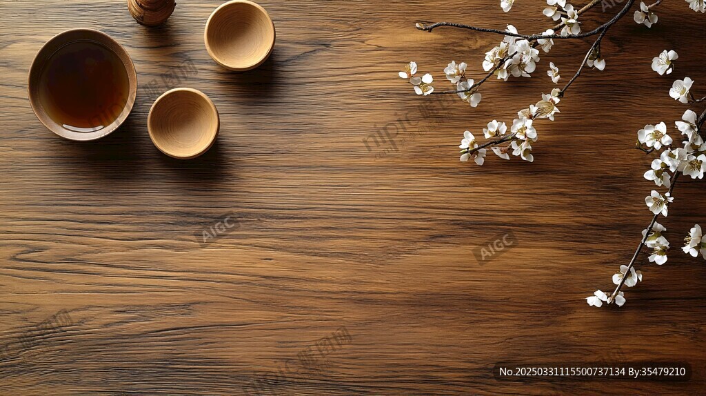 木质桌面上的茶具与花枝