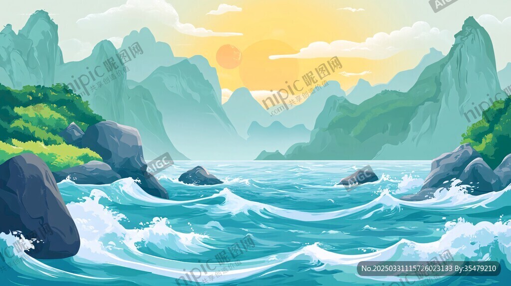 海边壮丽山景与澎湃海浪