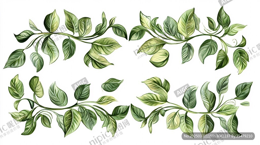 手绘绿叶植物装饰图案