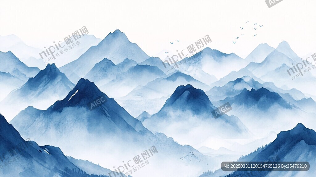 水墨群山飞鸟意境图