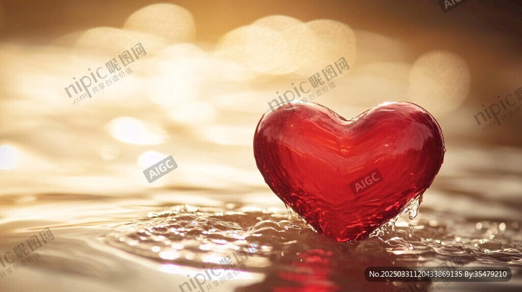 水中红心闪耀金色光芒