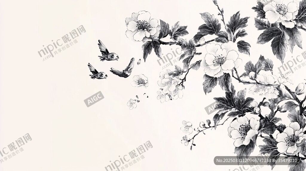 水墨花卉间双鸟飞舞图