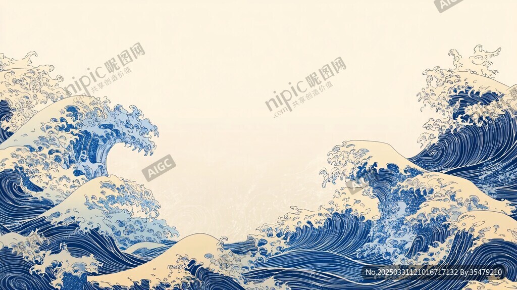 海浪汹涌的日式浮世绘风格