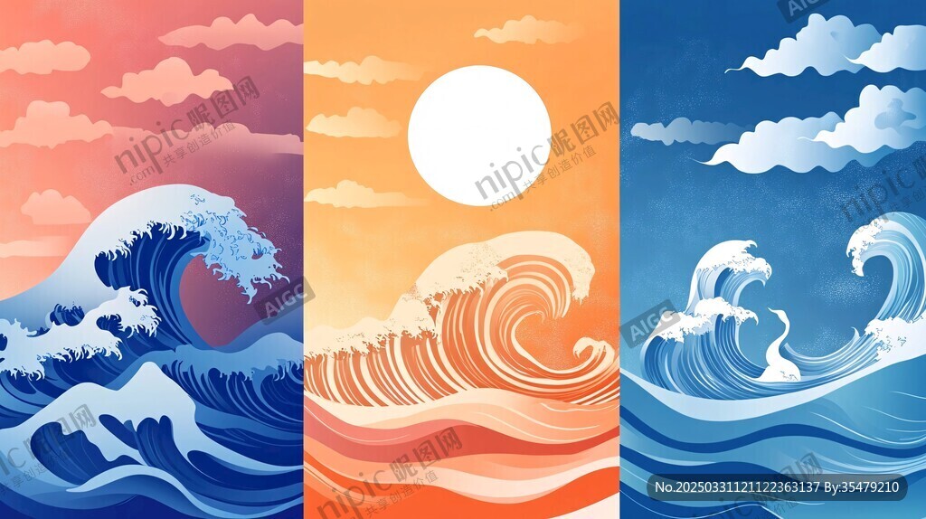 三联海洋波浪风景插画