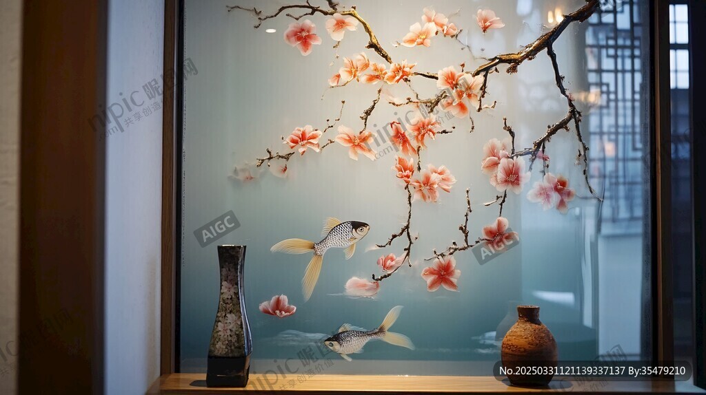 中式窗景 花鸟瓷瓶共赏