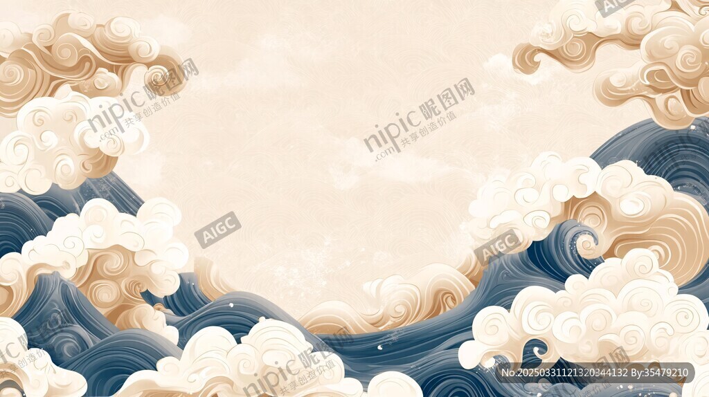 中式海浪祥云国风背景图