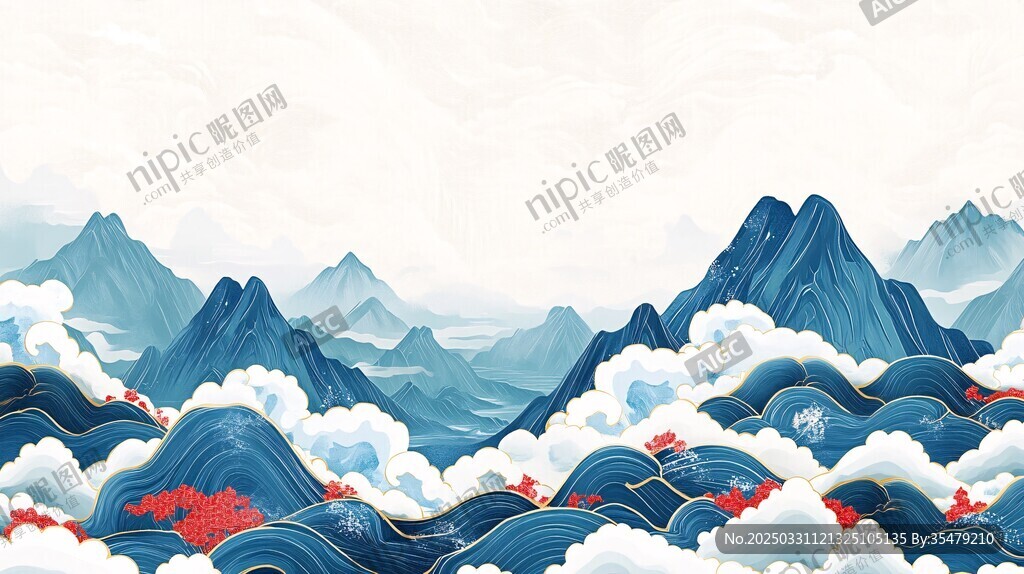 水墨云海山峦中式美景