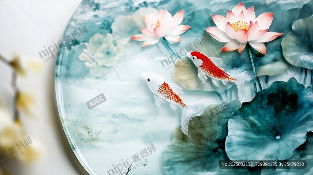 中式瓷盘上的锦鲤荷花图