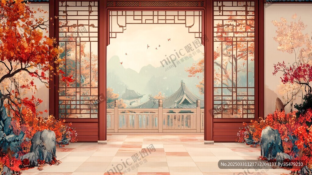 中式庭院秋景古韵悠然