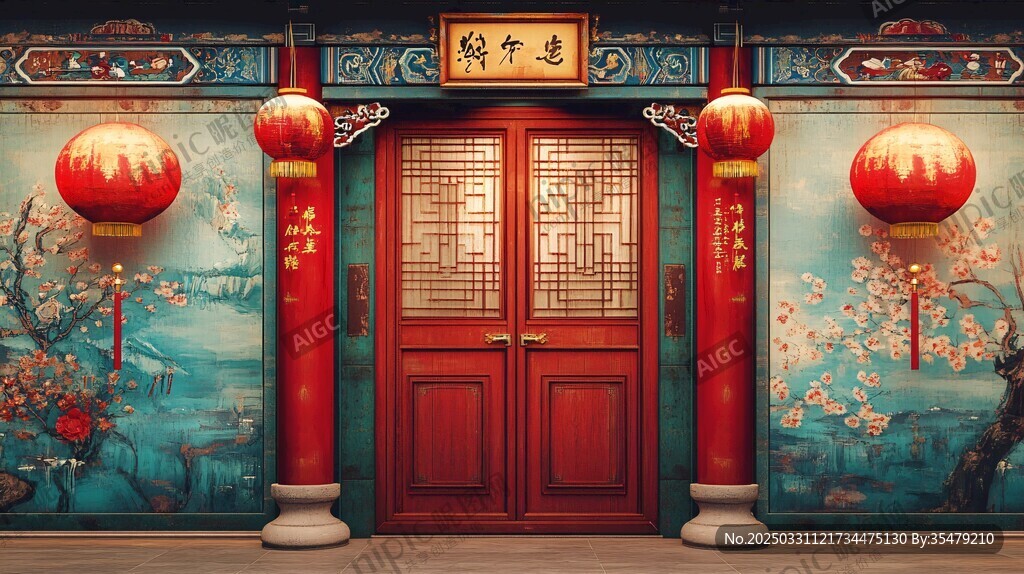 中式古典大门 红灯笼装饰