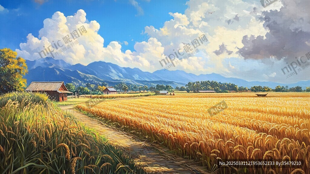 金色麦田与远山乡村美景