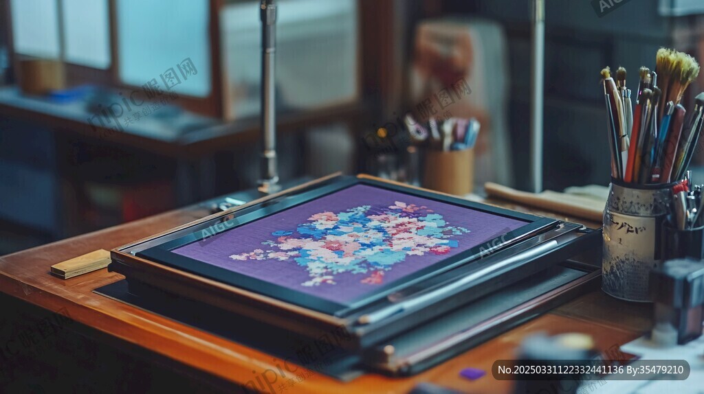 桌上多彩画作与绘画工具
