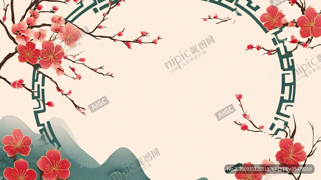 中式梅花山水边框背景图