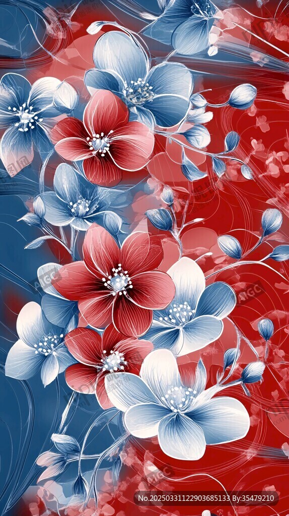 红蓝花卉绚丽图案设计