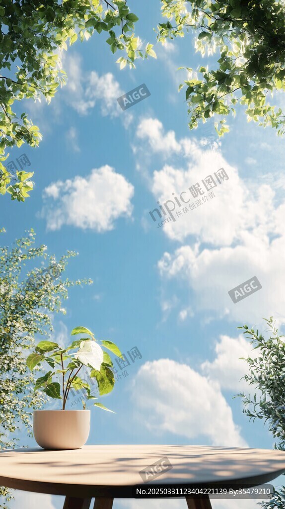 桌前绿植伴蓝天绿树